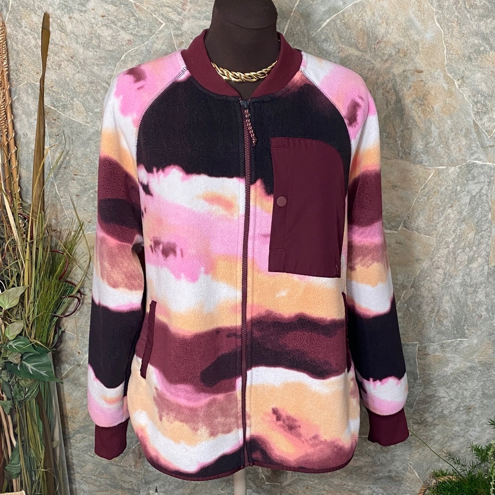 Alpine design jacket coat watercolors full zip front pockets cozy warm soft
